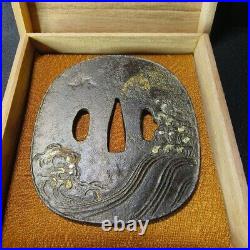 Japanese tsuba, silver inlay, bamboo wave pattern, iron base, no signature