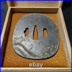 Japanese tsuba, silver inlay, bamboo wave pattern, iron base, no signature