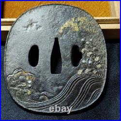 Japanese tsuba, silver inlay, bamboo wave pattern, iron base, no signature