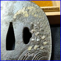 Japanese tsuba, silver inlay, bamboo wave pattern, iron base, no signature