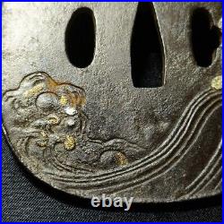 Japanese tsuba, silver inlay, bamboo wave pattern, iron base, no signature