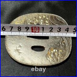 Japanese tsuba, silver inlay, bamboo wave pattern, iron base, no signature