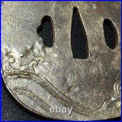 Japanese tsuba, silver inlay, bamboo wave pattern, iron base, no signature