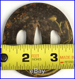 Old Japanese Sword Tsuba Plant Leaves Gold Hand Forged Iron