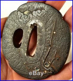 Old Japanese Sword Tsuba Plum Blossom Tree Moon Gold Silver Forged Iron