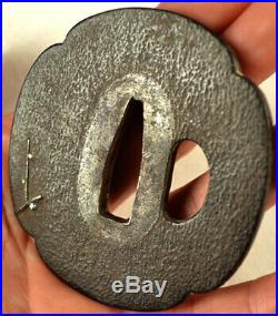 Old Japanese Sword Tsuba Plum Blossom Tree Moon Gold Silver Forged Iron