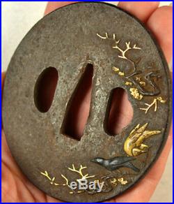 Old Japanese Sword Tsuba Shakudo Gold Birds Cherry Blossom Forged Iron