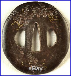 Old Japanese Sword Tsuba Signed Wisteria Flowers Gold Vines Forged Iron