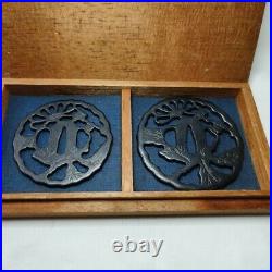 Pair Tsuba Set Japanese Sword Guard Flower Engraved Openwork Antique from Japan