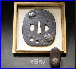 RARE MOTIF Skull KATANA TSUBA & FUCHI 18-19thC Japanese Edo Antique for Koshirae