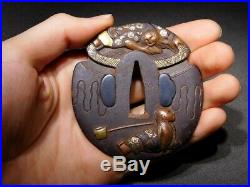 RARE SHOJO w Sake pot Inlaid TSUBA 18-19thC Japanese Edo Antique for Koshirae