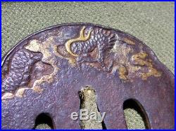 SIGNED Dragon KATANA TSUBA 18-19thC Japanese Edo Antique for Koshirae