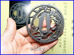 SUPERB Certificated TSUBA Orchids 18thC SIGNED Japanese Antique Koshirae Fitting