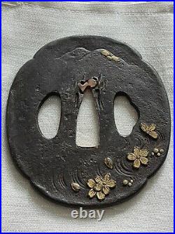 Sale! Antique JAPANESE OLD Iron SAMURAI HAND TSUBA cherry, EDO Period, SWORD