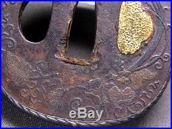 Silver Ring TSUBA 18-19th C Japanese Edo Antique Koshirae fitting Leaves e315