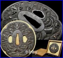 TSUBA Anchor & Plover Gold Inlay Mokko Shape Large Japanese Edo Antique Original