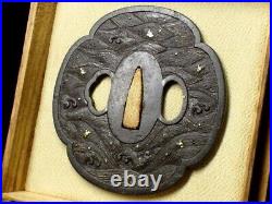 TSUBA Anchor & Plover Gold Inlay Mokko Shape Large Japanese Edo Antique Original