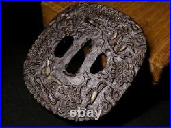 TSUBA Cranes and Dragons Inlay Large Japanese Iron Sword Guard Edo Antique