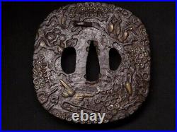 TSUBA Cranes and Dragons Inlay Large Japanese Iron Sword Guard Edo Antique