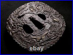 TSUBA Cranes and Dragons Inlay Large Japanese Iron Sword Guard Edo Antique