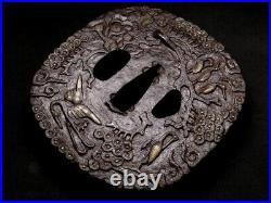 TSUBA Cranes and Dragons Inlay Large Japanese Iron Sword Guard Edo Antique