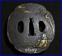 TSUBA Hermit Design Inlay Mokko Large Japanese Iron Sword Guard Edo Antique TSUBA Hermit Design Inlay Mokko Large Japanese Iron Sword Guard Edo Antique