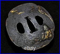 TSUBA Hermit Design Inlay Mokko Large Japanese Iron Sword Guard Edo Antique TSUBA Hermit Design Inlay Mokko Large Japanese Iron Sword Guard Edo Antique