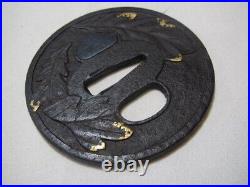 TSUBA Leaf Design Gold Inlay Japanese Iron Sword Guard Edo Antique Original