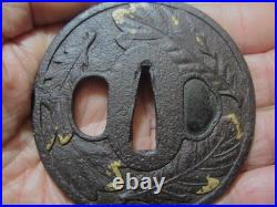 TSUBA Leaf Design Gold Inlay Japanese Iron Sword Guard Edo Antique Original