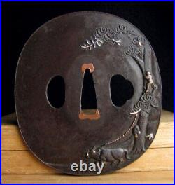 TSUBA Monkey & Cow Silver Inlay Japanese Katana Sword Guard Edo Antique Original