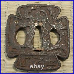 Tsuba Antique Japanese Iron Sword Guard Square, Alphabet, Gold inlay work 014