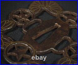 Tsuba Antique Katana Japanese Sword Gard Brass inlay Iron Ground 8.8cm withBox F/S
