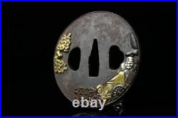 Tsuba Edo antique Japanese sword guard Iron flower person silver inlay DHL