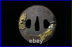 Tsuba Edo antique Japanese sword guard Iron flower person silver inlay FedEx