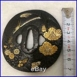 Tsuba Japanese Samurai Antique Sword TSUBA Engraving Flower Gold