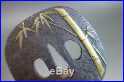 Tsuba Japanese Samurai bamboo brass inlay large sword fitting katana Edo withbox