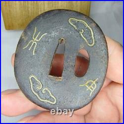 Tsuba Japanese Sword Guard Ancient Characters Engraved Iron Inlaying from Japan