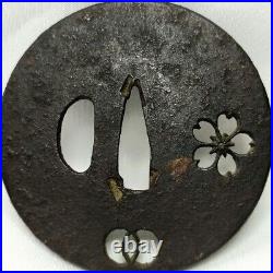 Tsuba Japanese Sword Guard Cherry Blossom Crest Engraved Openwork Antique Japan