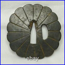 Tsuba Japanese Sword Guard Chrysanthemum Crest Engraved Iron Antique from Japan
