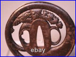 Tsuba Japanese Sword Guard Daikon Radish Engraved Iron Openwork Antique Japan