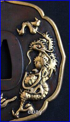 Tsuba Japanese Sword Guard Dragon Engraved Iron Inlaying Vintage from Japan