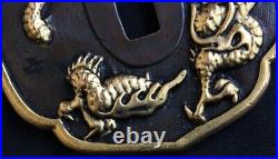 Tsuba Japanese Sword Guard Dragon Engraved Iron Inlaying Vintage from Japan
