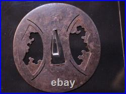 Tsuba Japanese Sword Guard Fans Engraved Iron Openwork Antique from Japan