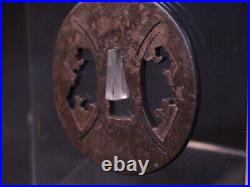 Tsuba Japanese Sword Guard Fans Engraved Iron Openwork Antique from Japan