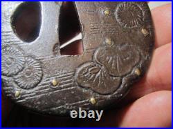 Tsuba Japanese Sword Guard Flower Engraved Inlaying Mokko Shape from Japan