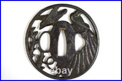 Tsuba Japanese Sword Guard Hawk Engraved Iron Openwork Antique from Japan