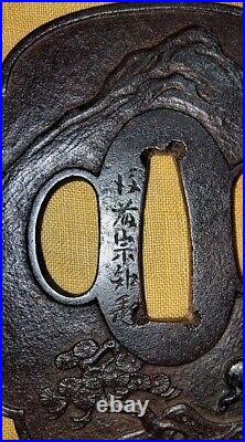 Tsuba Japanese Sword Guard Horseback Traveler Engraved Iron Antique from Japan