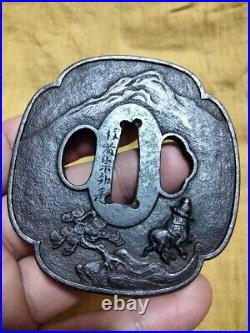 Tsuba Japanese Sword Guard Horseback Traveler Engraved Iron Antique from Japan
