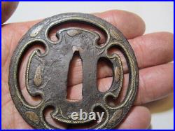 Tsuba Japanese Sword Guard Leaf Crest Engraved Iron Inlaying Openwork from Japan