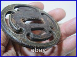 Tsuba Japanese Sword Guard Leaf Crest Engraved Iron Inlaying Openwork from Japan